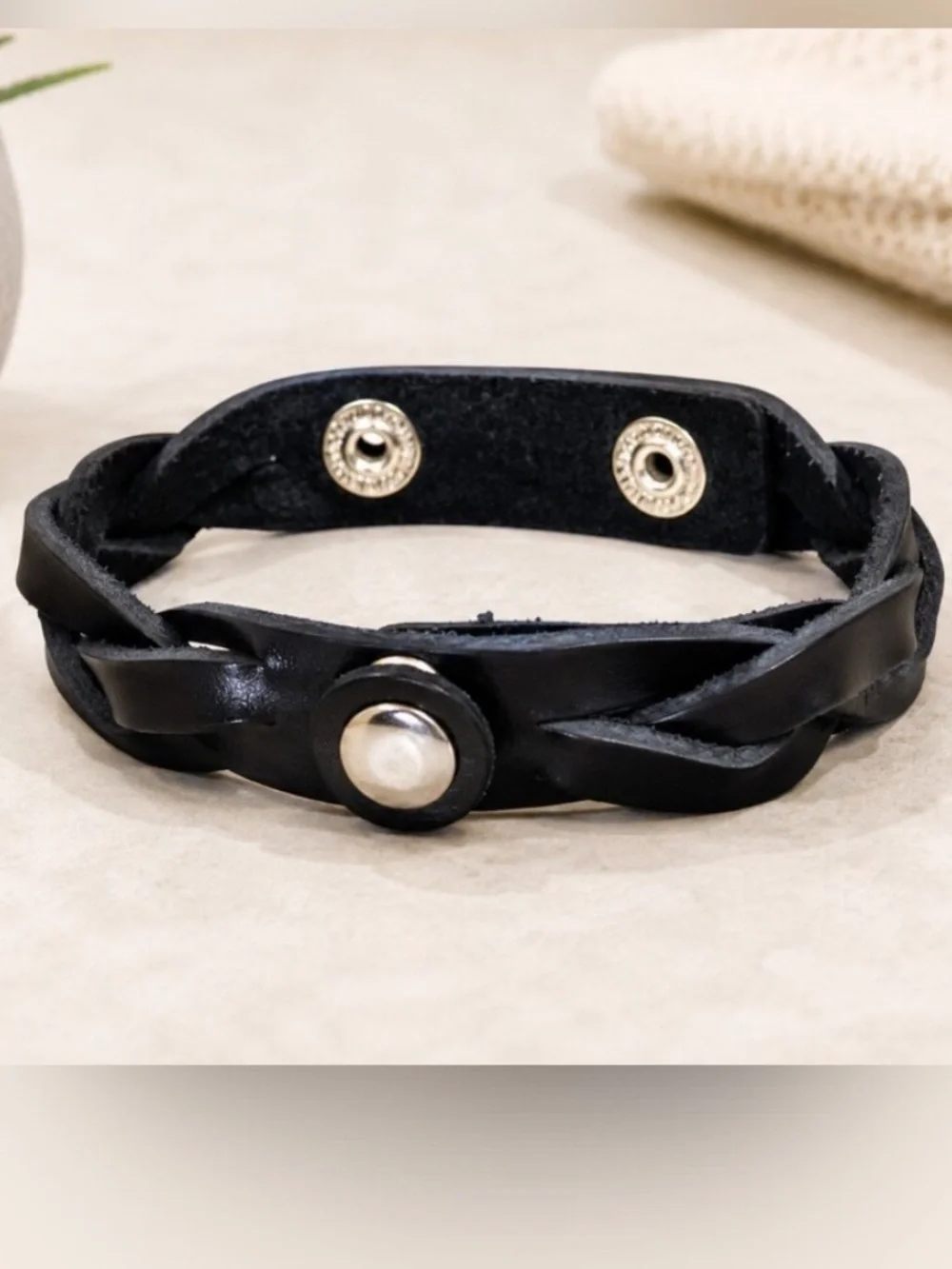 Plunder Design Black Braided Leather Snap Bracelet. Silver ID Tag New in Package